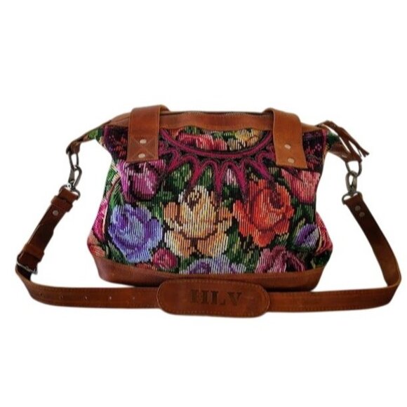 HLV Leather & Handwoven Floral Small Crossbody Purse - Picture 1 of 6